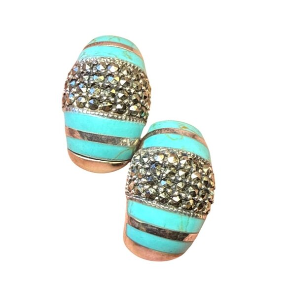 Sterling Silver Turquoise & Marcasite Hoop Earrings Vintage J-Hoop - Picture 1 of 10